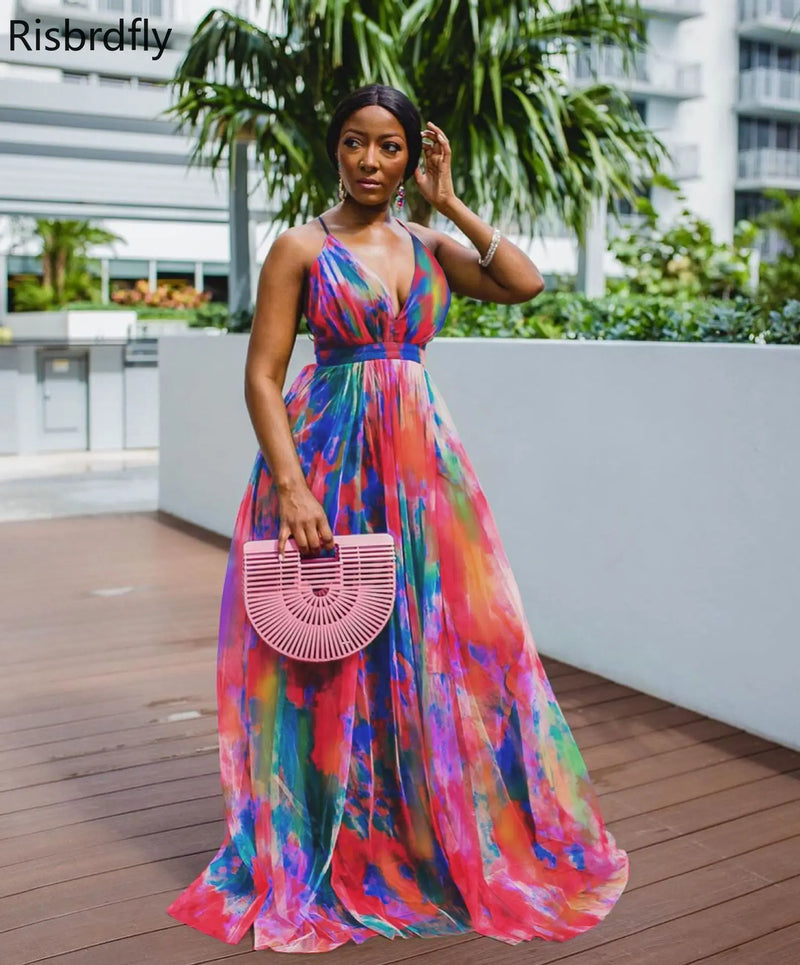 V-neck Sleeveless Printing Long Dress