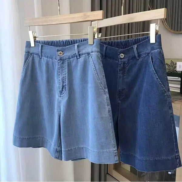 Denim Wide Leg Button Elastic Waist Shorts