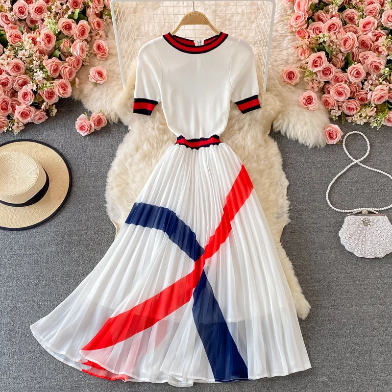 Summer Sweater Knitted Chiffon Striped Pleated Dress