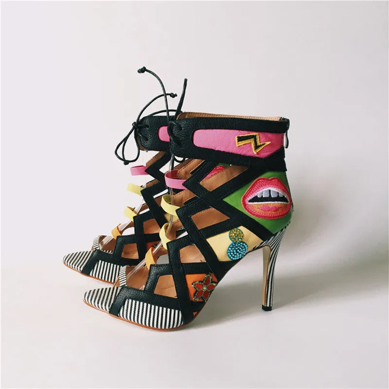 Summer Colorful Embroider High Heels Sandals