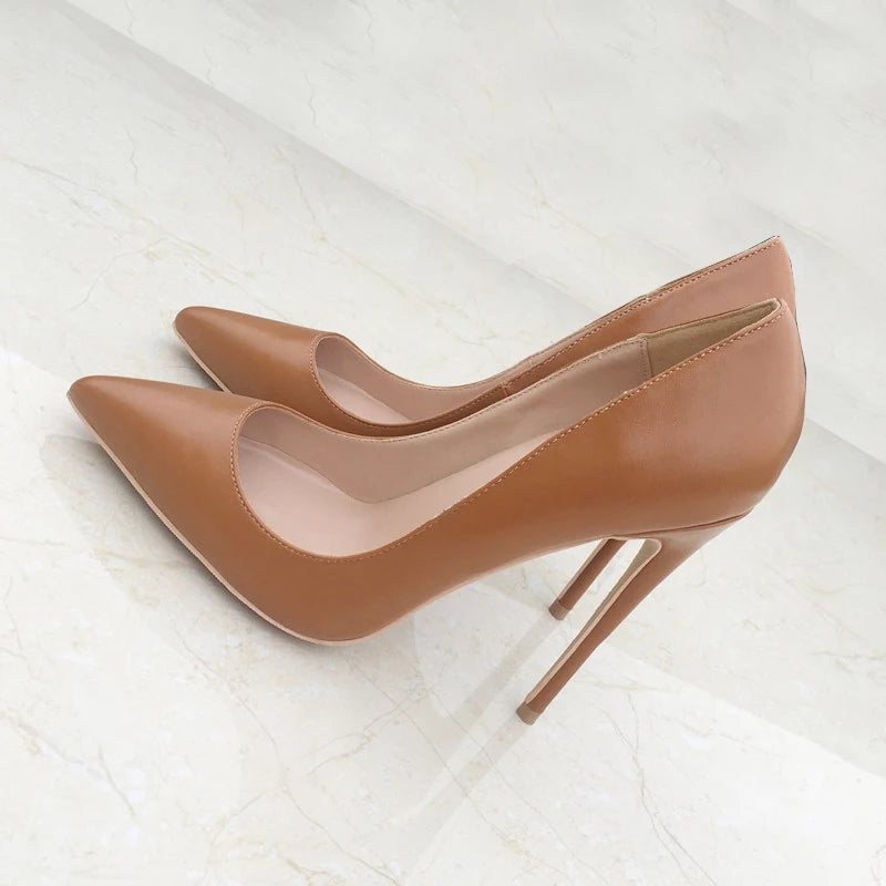 Tikicup Solid Khaki Brown Matte Pointed High Heels
