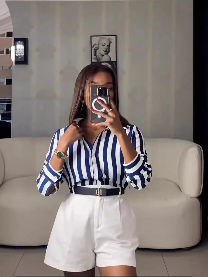 Casual Plaid Print Buckle Turndown Collar Long Shirt