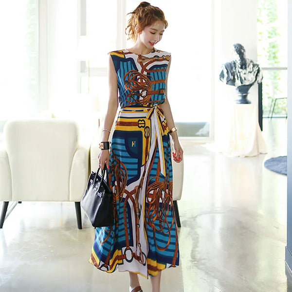Sleeveless Vintage Printed Chiffon Shirt Top+Lace-up Long Skirts 2Pcs Set