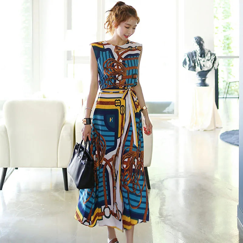 Sleeveless Vintage Printed Chiffon Shirt Top+Lace-up Long Skirts 2Pcs Set