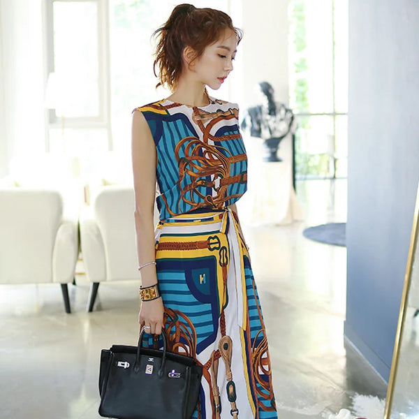 Sleeveless Vintage Printed Chiffon Shirt Top+Lace-up Long Skirts 2Pcs Set