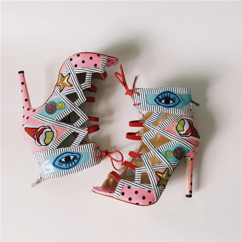 Summer Colorful Embroider High Heels Sandals