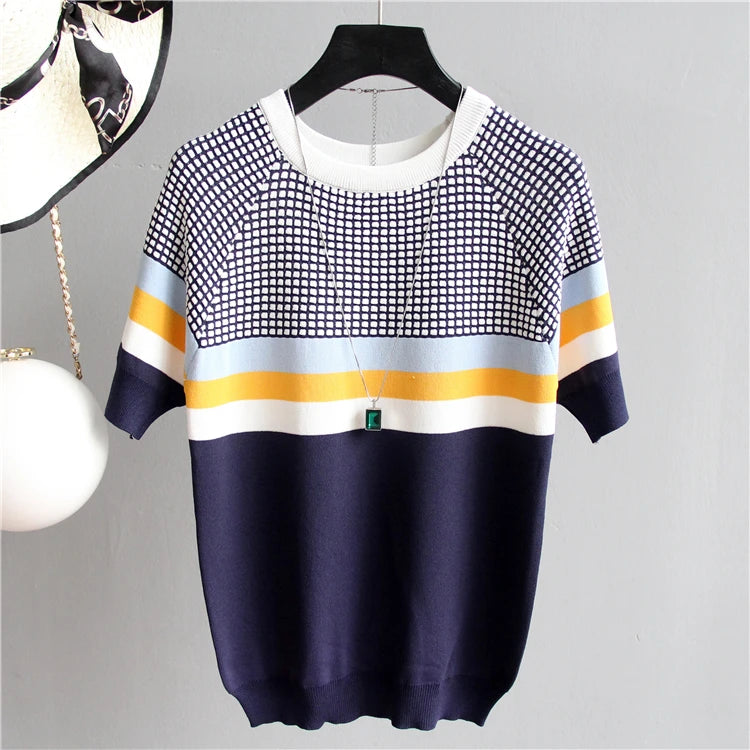 Vintage Ladies Tops Striped Summer Blouse