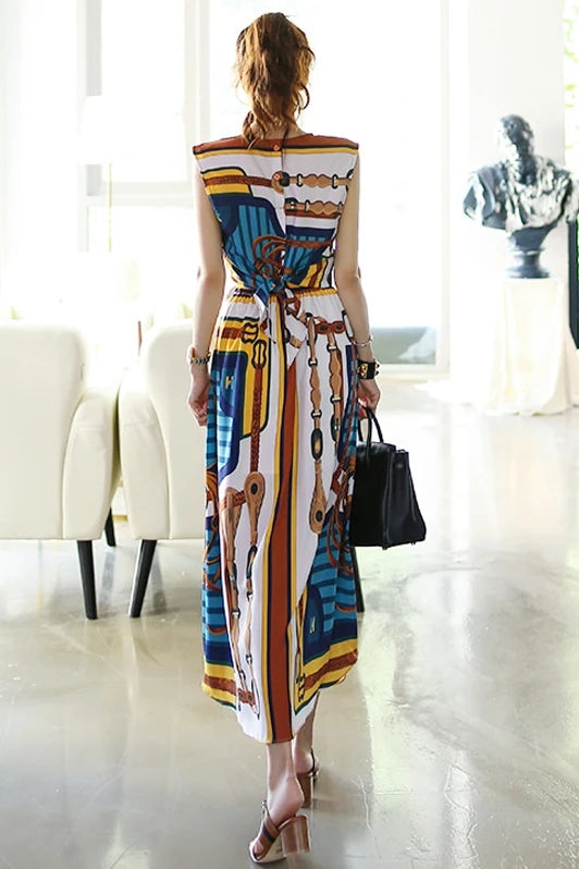 Sleeveless Vintage Printed Chiffon Shirt Top+Lace-up Long Skirts 2Pcs Set