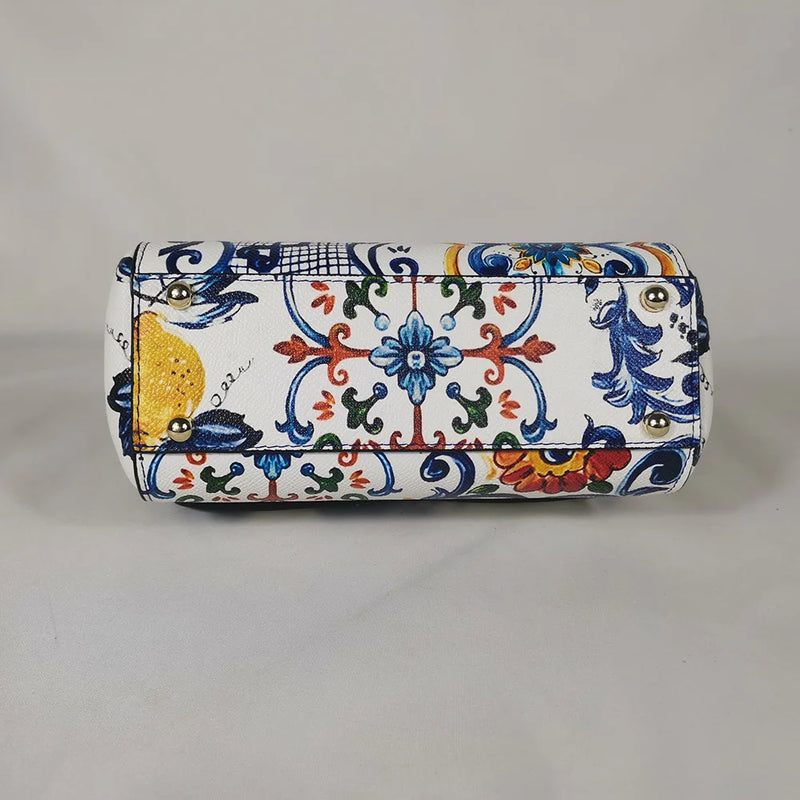Women's Leather Bag Designer Lemon White Flowers