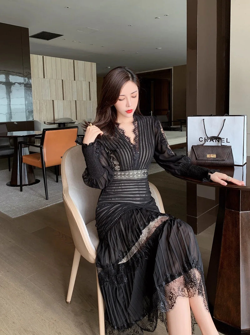 Elegant Spring Chiffon Patchwork Lace V Neck Sleeve Pleated Black Dress