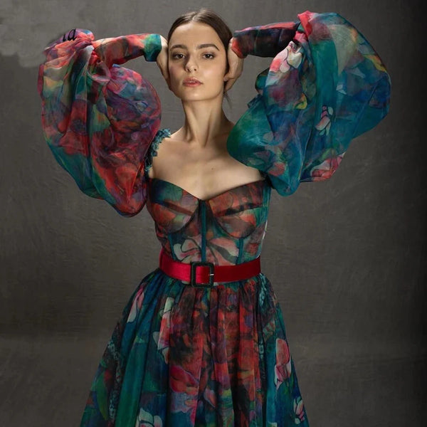 Floral Long Sleeves Evening Gown