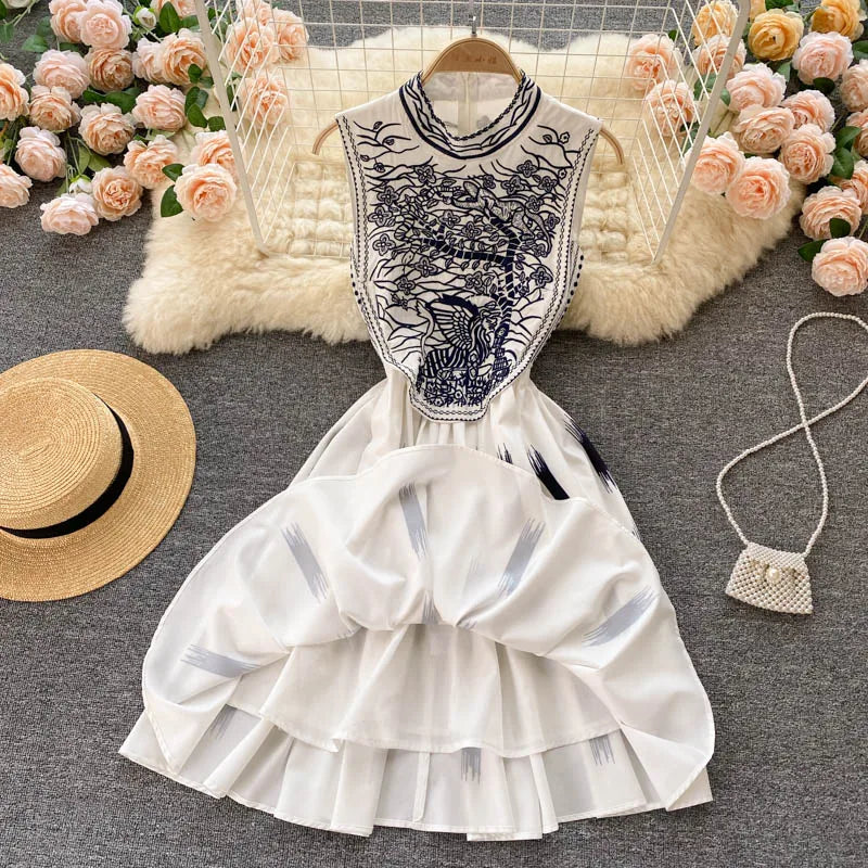 Sleeveless Collar Floral Embroidery High Waist Zipper Dress