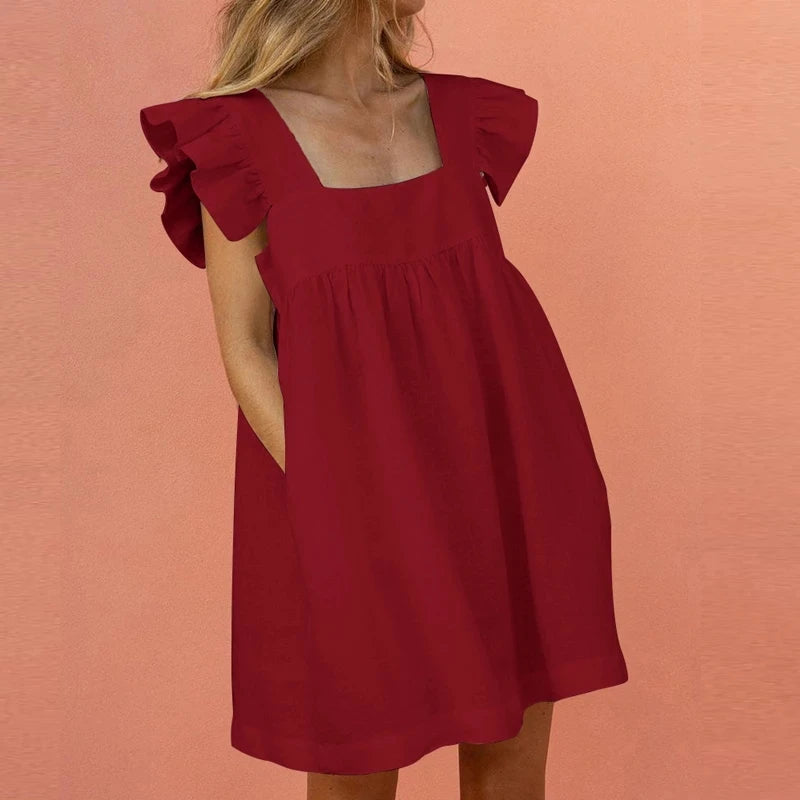 Elegant Butterfly Ruffled Summer Square Collar Pocket Dress