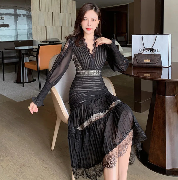 Elegant Spring Chiffon Patchwork Lace V Neck Sleeve Pleated Black Dress
