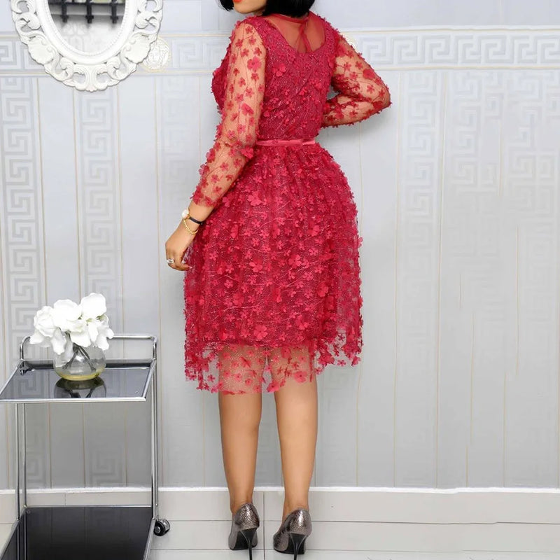 Shiny High Waist Belted Vintage Midi Dress