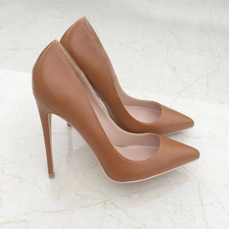 Tikicup Solid Khaki Brown Matte Pointed High Heels