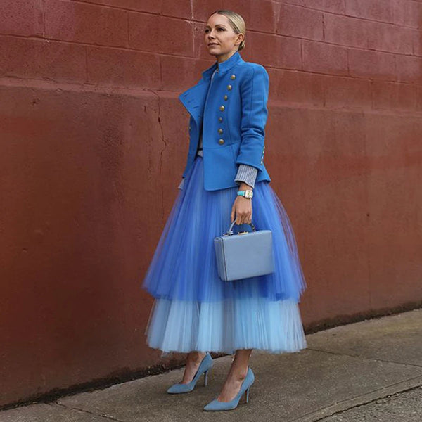 Summer Two-Stone Neon Tulle Skirts Ruffle Tiered Mid-Calf