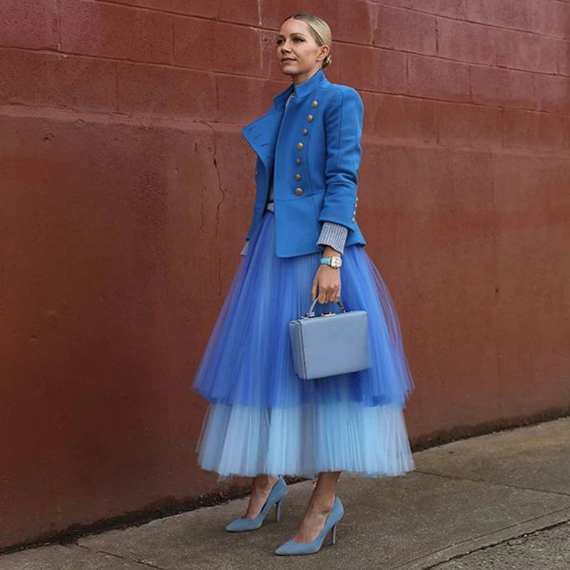 Summer Two-Stone Neon Tulle Skirts Ruffle Tiered Mid-Calf
