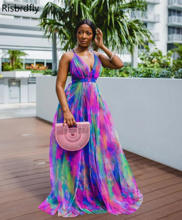 V-neck Sleeveless Printing Long Dress