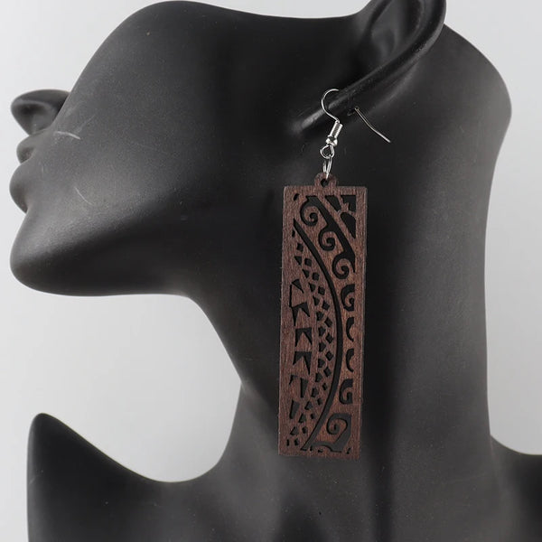 Brown Black And Light Brown Color African Geometric Wooden Earrings