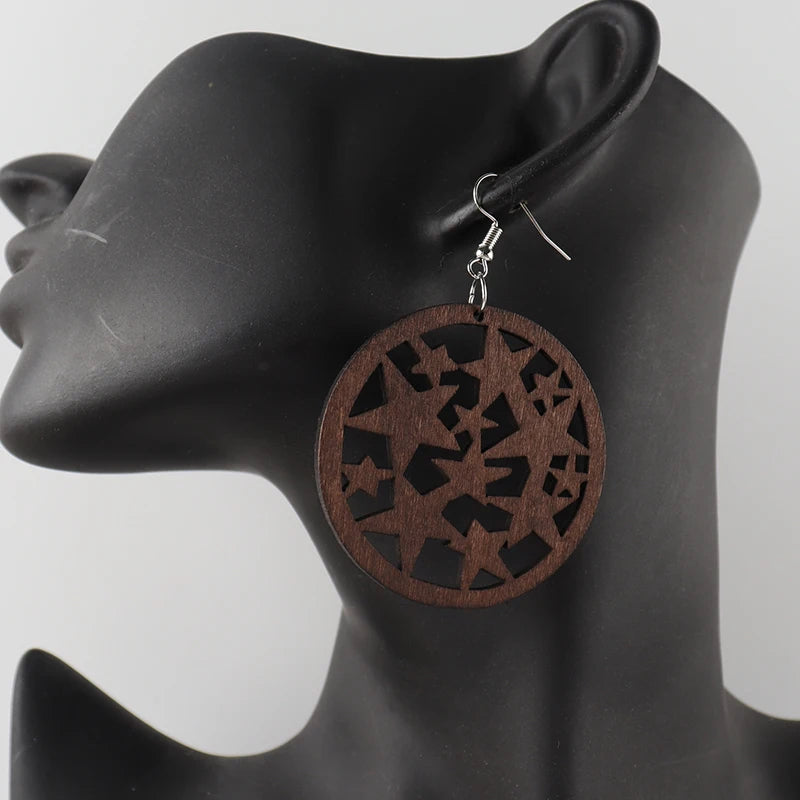 Brown Black And Light Brown Color African Geometric Wooden Earrings