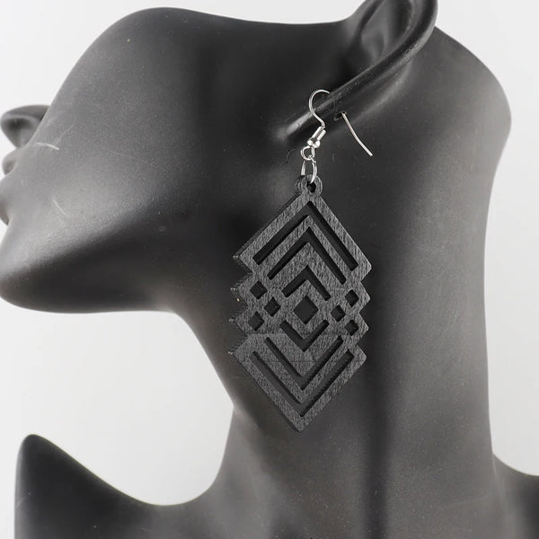 Brown Black And Light Brown Color African Geometric Wooden Earrings