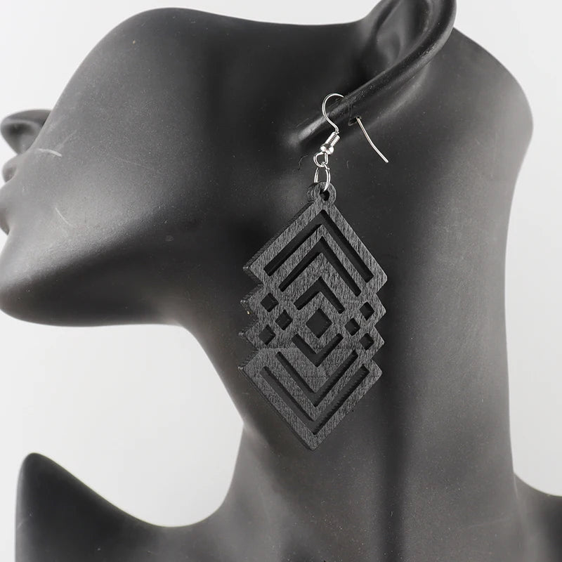 Brown Black And Light Brown Color African Geometric Wooden Earrings