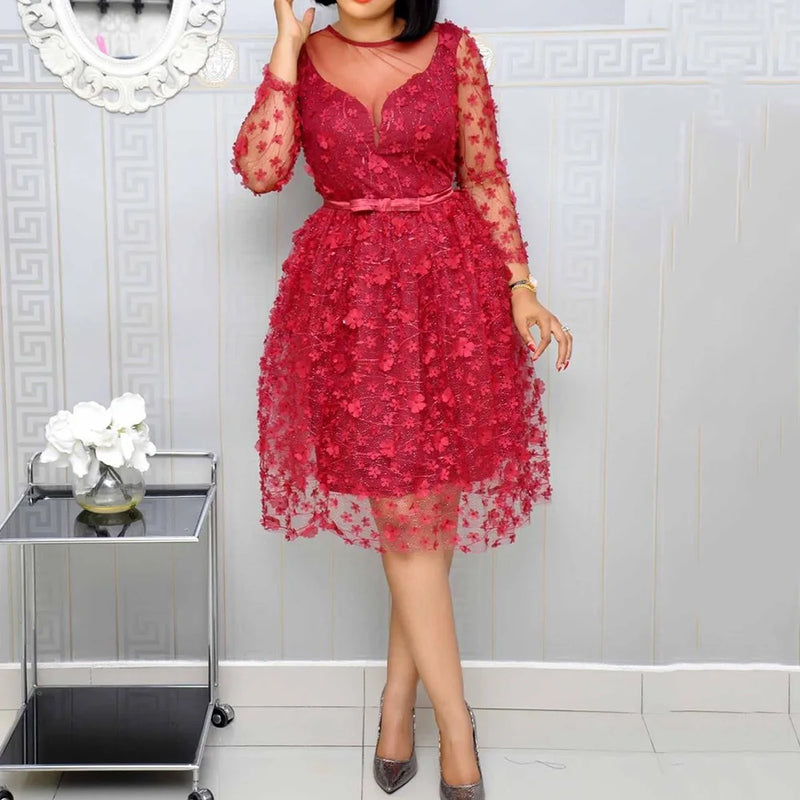 Shiny High Waist Belted Vintage Midi Dress