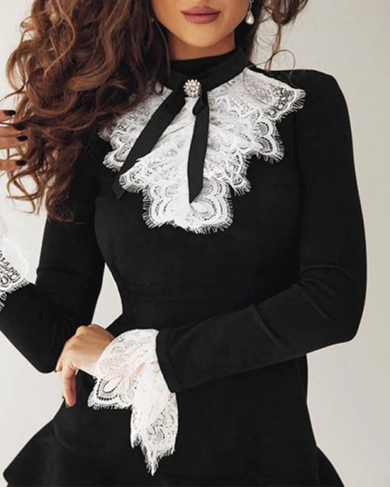 Elegant Sexy Long Sleeve Lace Bell Ruffle Dress