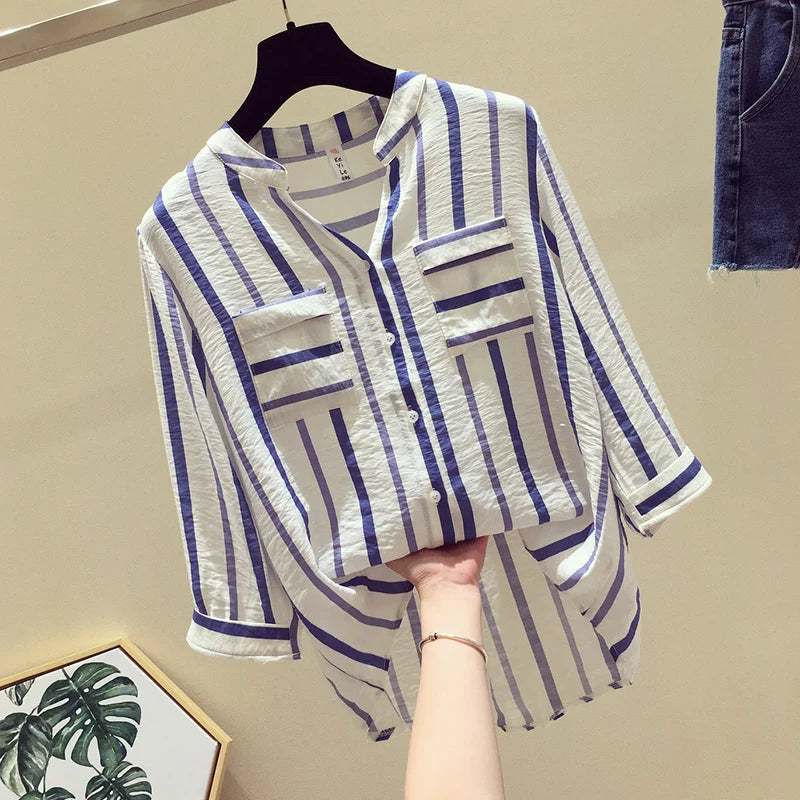 Striped Chiffon V-neck Elegant Shirt