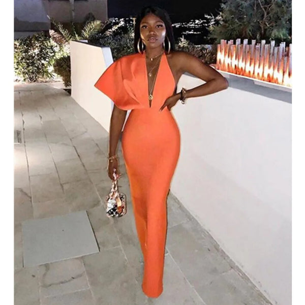 Luxury Short Sleeve V Neck Orange Maxi Long Bandage Dress