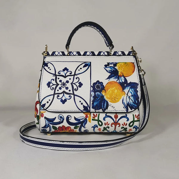 Women's Leather Bag Designer Lemon White Flowers