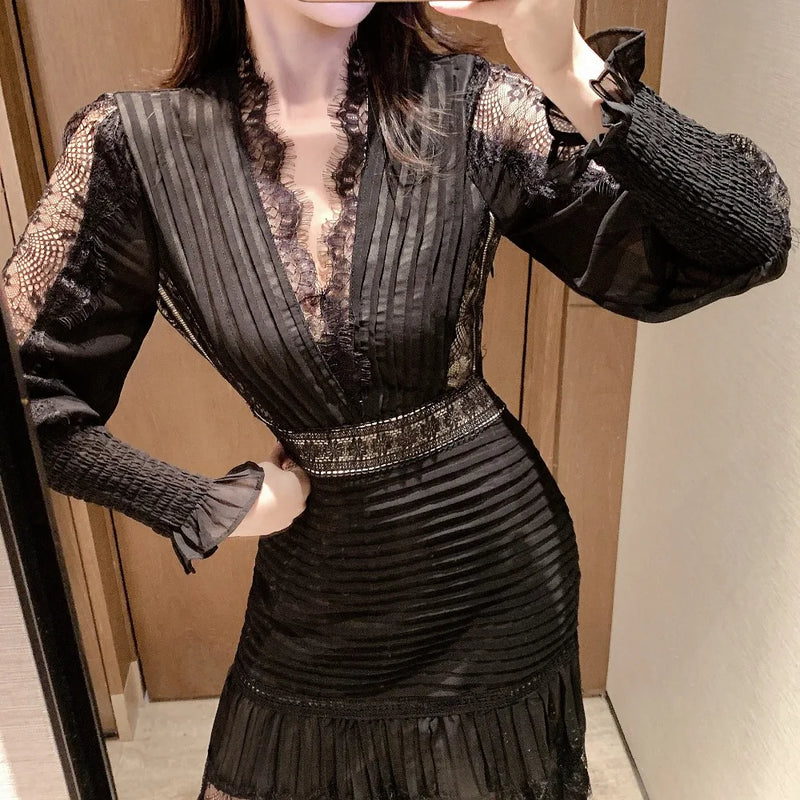 Elegant Spring Chiffon Patchwork Lace V Neck Sleeve Pleated Black Dress