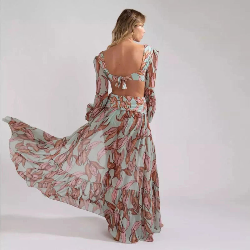 Summer Floral Swimsuit Print Belt Bathing Dress
