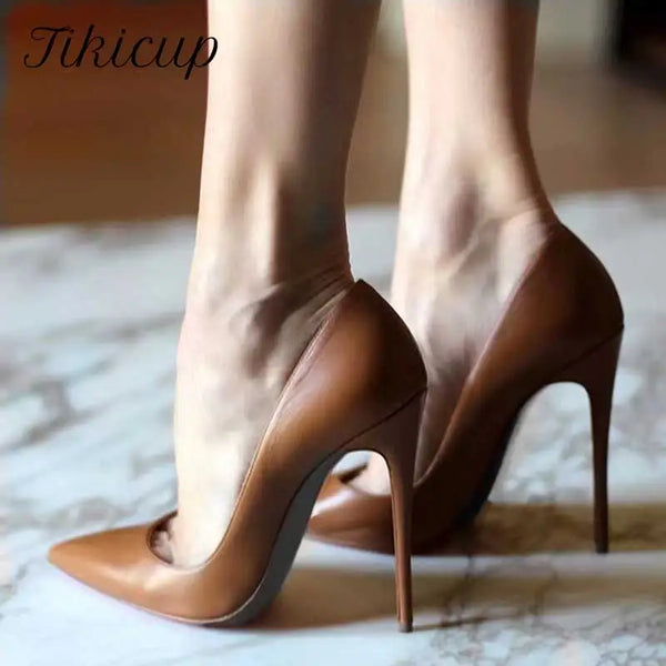 Tikicup Solid Khaki Brown Matte Pointed High Heels