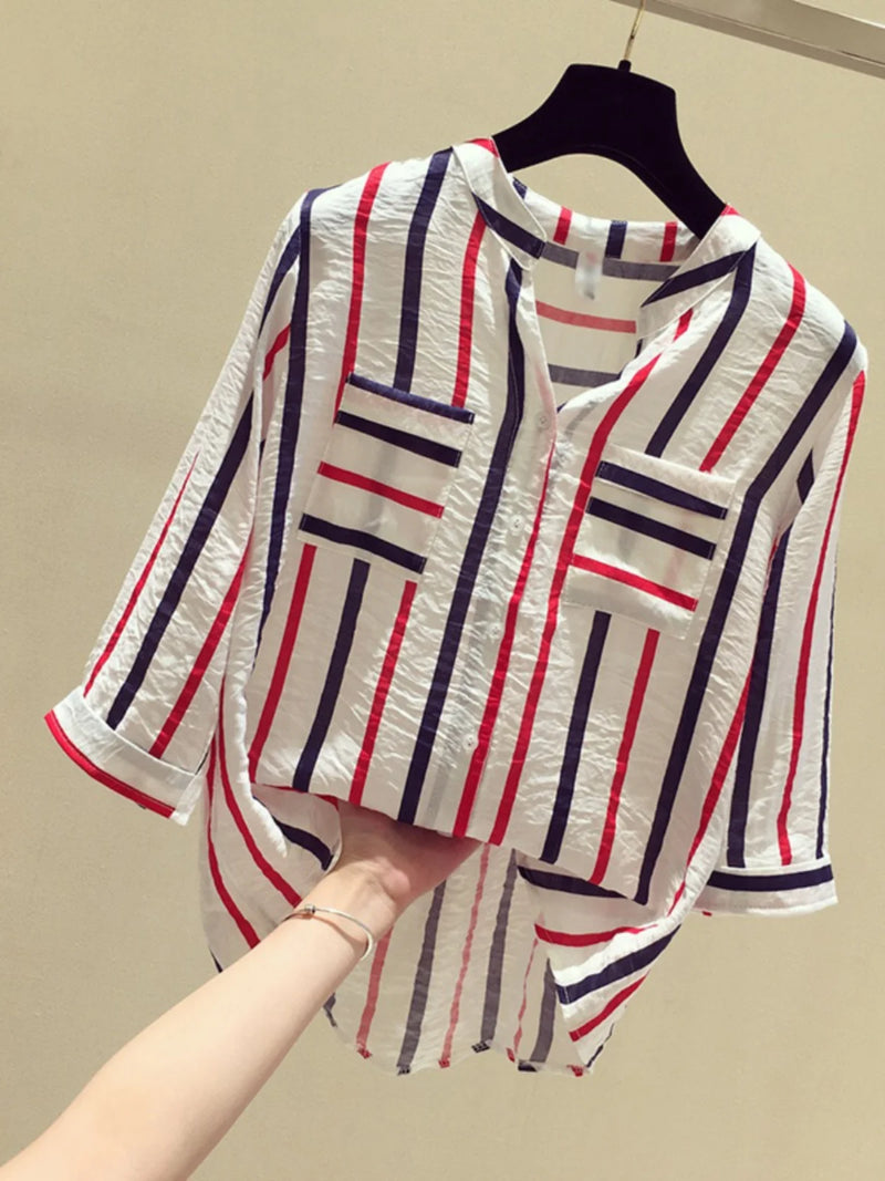 Striped Chiffon V-neck Elegant Shirt