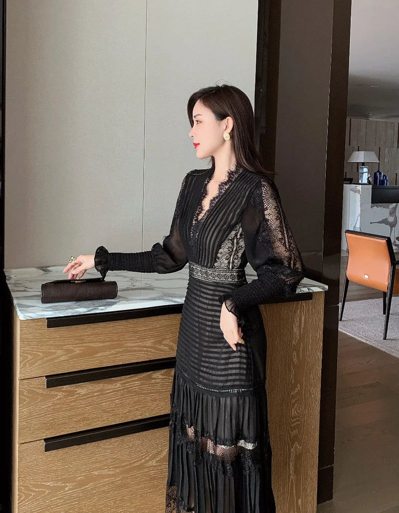 Elegant Spring Chiffon Patchwork Lace V Neck Sleeve Pleated Black Dress
