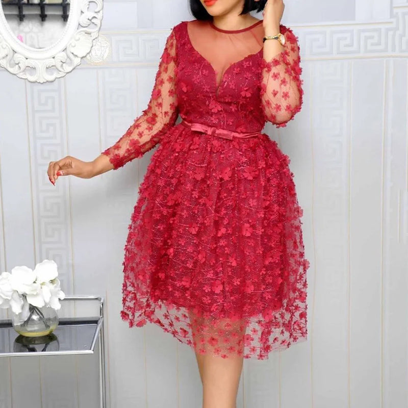 Shiny High Waist Belted Vintage Midi Dress
