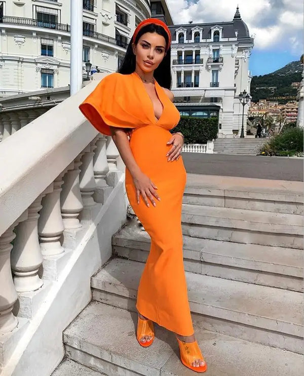 Luxury Short Sleeve V Neck Orange Maxi Long Bandage Dress