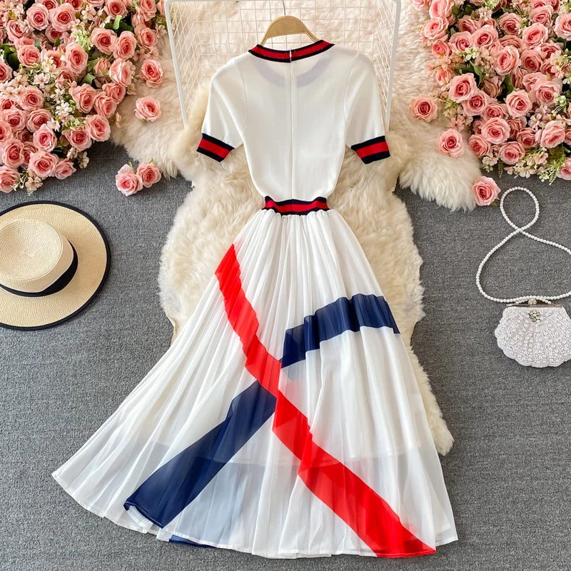 Summer Sweater Knitted Chiffon Striped Pleated Dress