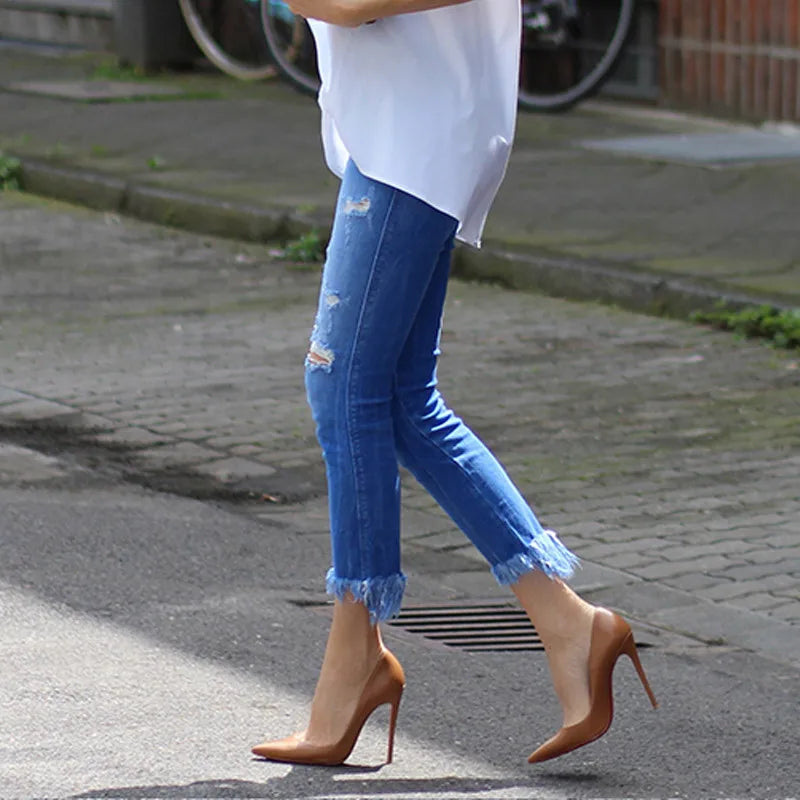 Tikicup Solid Khaki Brown Matte Pointed High Heels
