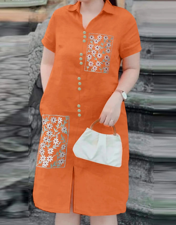 Vintage Floral Embroidery Lapel Neck Short Sleeve Shirt Dress
