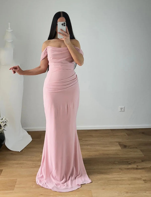 Camina Chiffon Off Shoulder Sleeveless Ruched Long Dress