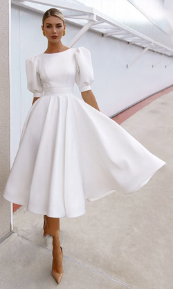 Satin Puff Short Sleeves Backless Dress
