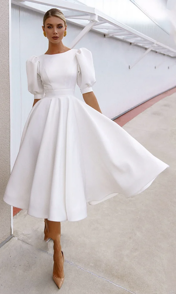 Satin Puff Short Sleeves Backless Dress