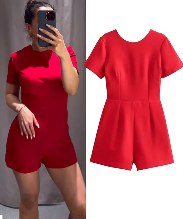 Chic Jumpsuits Red O-Neck Short Sleeves Back Hollow Out