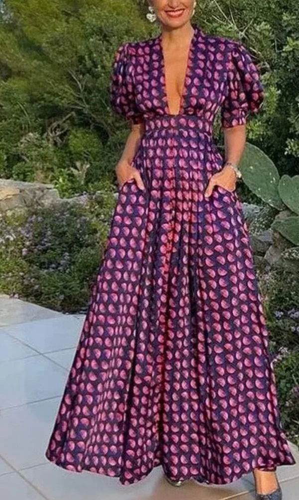 Vintage Sexy V-neck Violet Dress With Pocket