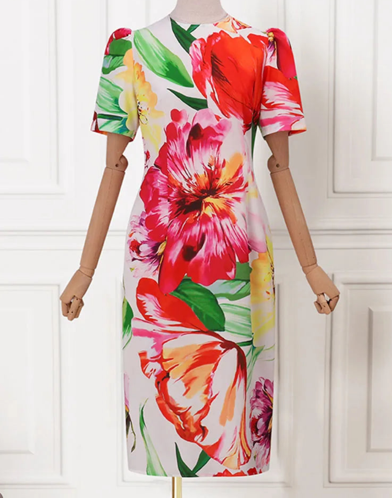 Bohemian Floral Printed Short Puff Sleeve Waisted Dress
