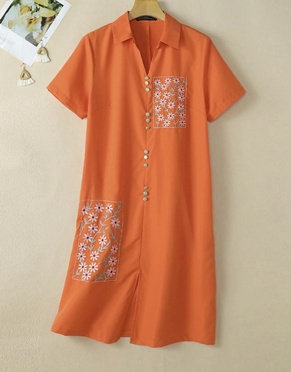 Vintage Floral Embroidery Lapel Neck Short Sleeve Shirt Dress