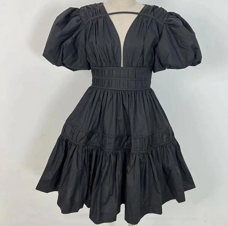 V Neck Puff Sleeve High Waist Solid Chic A Line Mini Dress